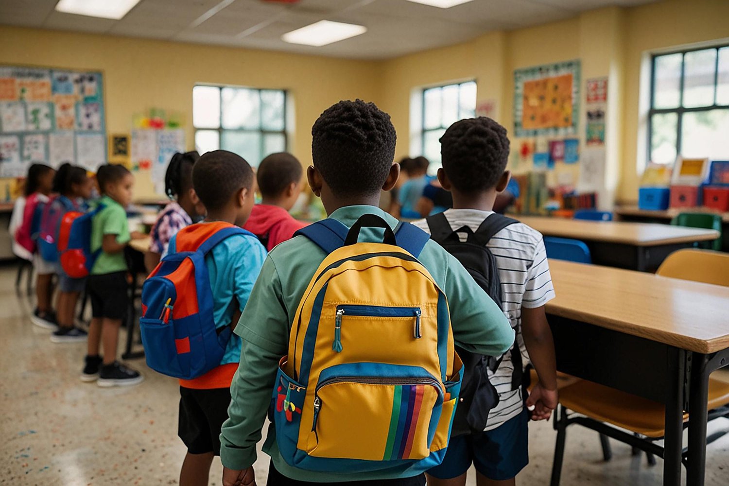 Enfants avec sacs a dos en classe